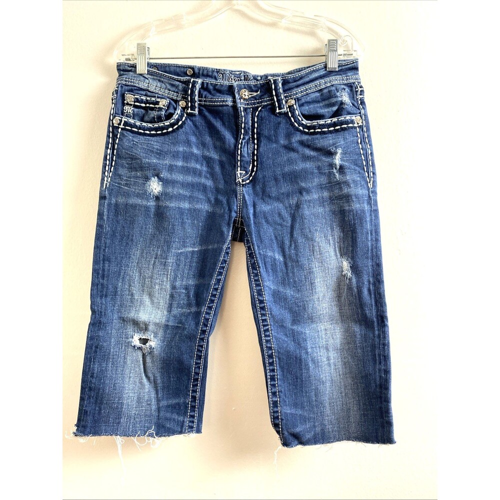Miss Me Jeans Blue Capri Bermuda Rhinestone Size 28 Cut Off Distressed Stitched